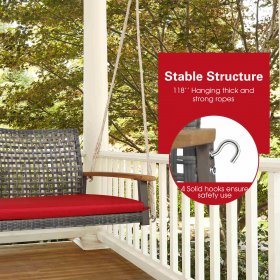 Gymax Rattan Patio Porch Swing 2-Person Cushioned Swing Chair Bench w/ Hanging Ropes Red