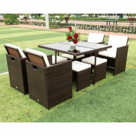 Garden Patio Dining Table Set for Family, 9 Piece Modular Sectional Wicker Set with 4 Stools, Resistant Elegance Conversation Furniture with Removable Seat Cushions, Glass Table, 330lbs, S6014