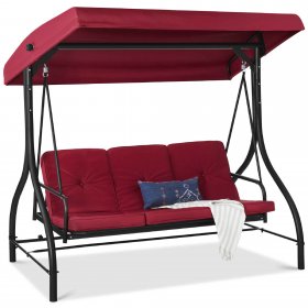 Best Choice Products 3-Seat Outdoor Converting Canopy Swing Glider Patio Hammock w/ Removable Cushions Burgundy