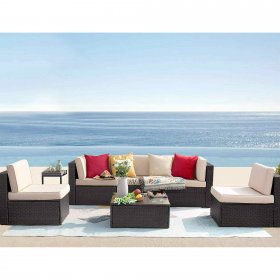 Vineego 6 Pieces Outdoor Patio Furniture Sets Wicker Sectional Sofa PE Rattan Conversation Sets with Cushions, Beige