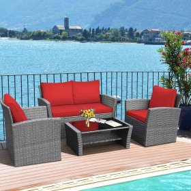 Gymax 4PCS Patio Rattan Conversation Set Outdoor Furniture Set w/ Red Cushions