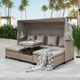 SEGMART Outdoor Patio Daybed with Retractable Canopy, 4-Piece Patio Sectional Sofa Furniture Sets UV-Proof Resin Wicker Conversation Sets Patio Sofa Set with Lifting Table and Pillows, Brown
