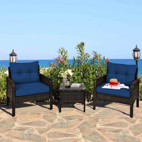 Gymax 3PCS Rattan Patio Conversation Furniture Set Yard Outdoor w/ Navy Cushions