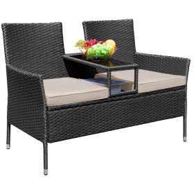 LACOO Outdoor Patio Loveseat Modern Wicker Patio Conversation Furniture Set with Cushions and Built-in Coffee Table, Steel, Beige