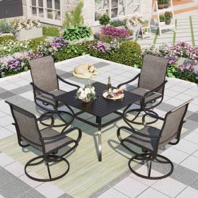 MF Studio 5 Pieces Outdoor Patio Dining Set Metal Furniture Set with Square Table and Swivel Padded Chairs for 4 person, Gray