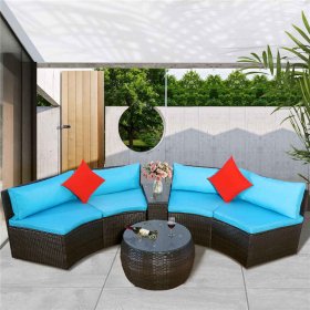 Clearance! 4 Piece Patio Furniture Set, All-Weather Outdoor Conversation Set with Loveseat and Glass Table, Wicker Sectional Sofa Set with Blue Cushions for Backyard, Porch, Garden, Poolside, L3603