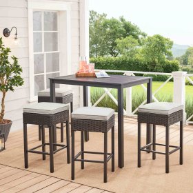 Mainstays Ayden Park 4 Person Outdoor Patio High Dining Set, Brown Wicker, Tan Cushions, and Black Table