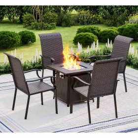 MF Studio 28" Gas Fire Pit Table with 4 pieces Outdoor Rattan Patio Dinning Set