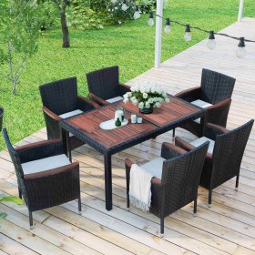 7 Piece Outdoor Wicker Dining Set, Patio Dining Table Set for 6 Persons, Garden Patio Rattan Dining Furniture Set with Beige Cushions, Dining Table Chairs Conversation Set for Deck Patio, K3479