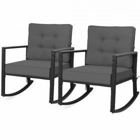Gymax 2PCS Outdoor Wicker Rocking Chair Patio Rattan Single Chair Glider w/ Grey Cushion