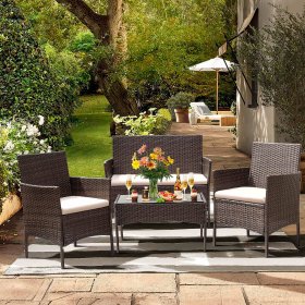 Lacoo 4 Pieces Patio Conversation Set Outdoor PE Rattan Wicker Chairs Set and Table, Brown