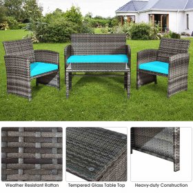 Costway 8PCS Patio Rattan Furniture Set Glass Table Top Cushioned Sofa Turquoise