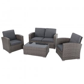 JOIVI 4 Pieces Outdoor Sectional PE Rattan Conversation Sofa Set with Gray Wicker, Dark Gray Cushion