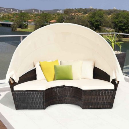 Costway Patio Rattan Daybed Cushioned Sofa Adjustable Table Top Canopy 3 Pillows