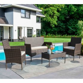 Lacoo 4 Piece Outdoor Patio Conversation Furniture Sets with Cushioned Tempered Glass, Conversation Sets, 4, Metal
