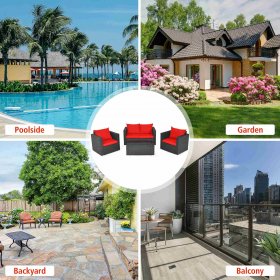 Costway 4PCS Patio Rattan Furniture Set Cushioned Sofa Chair Coffee Table Garden Red