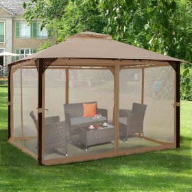 Costway 12' x 10' Outdoor Patio Gazebo Canopy Shelter Double Top Sidewalls Netting Brown