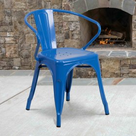 Flash Furniture Commercial Grade 4 Pack Blue Metal Indoor-Outdoor Chair with Arms