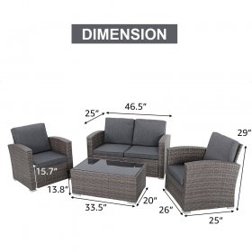 JOIVI 4 Pieces Outdoor Sectional PE Rattan Conversation Sofa Set with Gray Wicker, Dark Gray Cushion