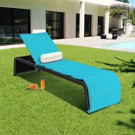 Gymax Adjustable Rattan Patio Recliner Chaise Lounge Chair w/ Turquoise Cushion