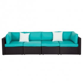 Kinbor 4 Pcs Patio Backyard Furniture Sets Rattan Sectional Sofa , Black & Turquoise