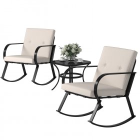 LACOO 3 Pieces Patio Furniture Set Rocking Chairs Bistro Sets Outdoor Conversation Sets with Coffee Table, Beige Cushion