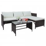 3 Piece Outdoor Wicker Sectional Conversation Sets, All-Weather PE Rattan Furniture Sets with Removable Cushions & Tempered Glass Coffee Table for Living Room, Porch, Backyard, 300lbs, S1513