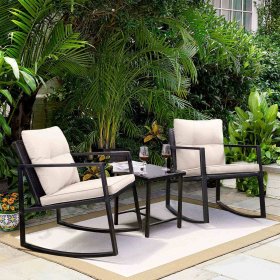 Devoko 3 Pieces Patio Furniture Sets Outdoor PE Rattan Bistro Rocker Conversation Sets with Glass Coffee Table, Beige