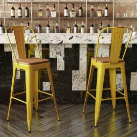 Flash Furniture Kai Commercial Grade 30" High Yellow Metal Indoor-Outdoor Bar Height Stool with Removable Back and Teak All-Weather Poly Resin Seat