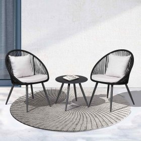 Patio Bistro Set, 3 Piece Outdoor Table and Chairs Set, Rope Woven Patio Chairs Set with Tempered Glass Top Table, Steel Frame, with Pillows and Cushions, Black