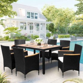 SEGMART Wicker Patio Dining Set, 7PCS Outdoor Rattan Table & Chairs Set with Acacia Wood Top & Cushions, Deck Furniture Dining Table Set, Garden Porch Backyard Sectional Conversation Set, B906