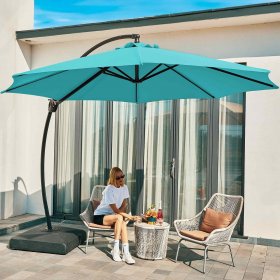 SERWALL 10ft Curvy Cantilever Offset Hanging Market Patio Umbrella with Base, Turquoise