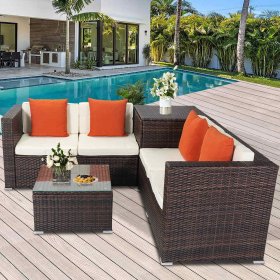 SEGMART Patio Rattan Sectional Couch Set, 4 Piece Outdoor Wicker Furniture Set, Elegant Cushioned Sofa Set, Conversation Chair Set with Storage Box & Table for Backyard, Lawn, Poolside