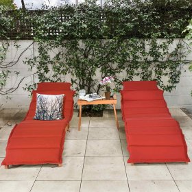 Costway 2 PCS Folding Wooden Outdoor Lounge Chair Chaise Red/White Cushion Pad Pool Deck
