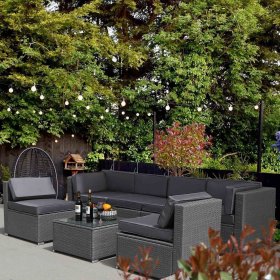 7 PCS Patio Furniture Set, Outdoor Conversation Set, PE Rattan Wicker Sectional Sofa Set, Wicker Couch Set with Cushions & Coffee Table, Sectional Furniture for Patio Lawn Poolside