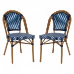 Flash Furniture Bordeaux Set of 2 Indoor/Outdoor Commercial French Bistro Stacking Chairs, Navy/White PE Rattan Back and Seat, Bamboo Print Aluminum Frame in Natural