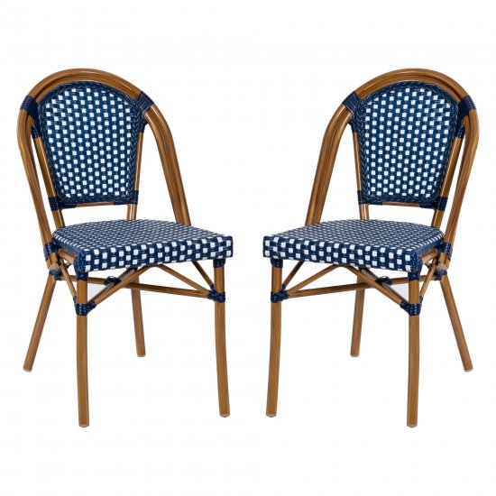 Flash Furniture Bordeaux Set of 2 Indoor/Outdoor Commercial French Bistro Stacking Chairs, Navy/White PE Rattan Back and Seat, Bamboo Print Aluminum Frame in Natural