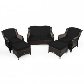 Gymax 5PCS Rattan Patio Conversation Sofa Furniture Set Outdoor w/ Black Cushions
