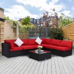 Kinbor 7pcs Outdoor Patio Furniture Set Wicker Sectional Sofa W/ Side Table Patio Rattan Conversation Chair Sofa Set Red