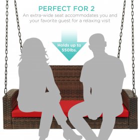 Best Choice Products Woven Wicker Hanging Porch Swing Bench for Patio, Deck w/ Mounting Chains, Seat Cushion Brown/Red