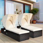 Gymax 2pcs Rattan Lounge Cushioned Chair W/Adjustable Canopy Patio