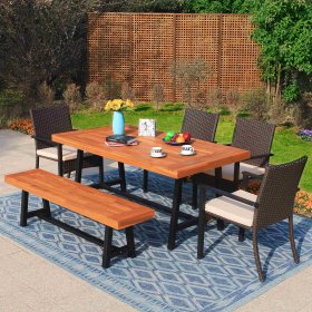 Sophia & William 6 Pieces Outdoor Patio Dining Set Dining Wicker Chairs Wood Table Set 6 Person