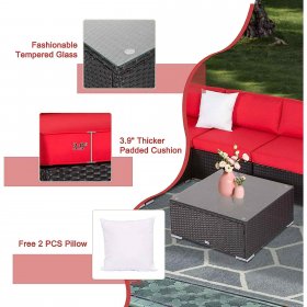 Kinbor 7pcs Outdoor Patio Furniture Sectional Pe Rattan Wicker Rattan Sofa Set with Red Cushions