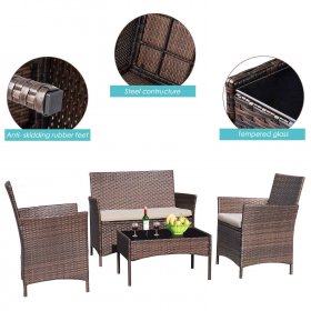 Lacoo 4 Pieces Outdoor Patio Furniture Black PE Rattan Wicker Table and Chairs Set Bars with Cushioned Tempered Glass, Beige Cushion