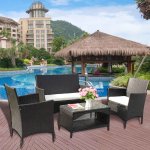 SEGMART Rattan Patio Furniture Set of 4, Outdoor Cushioned Sofa Conversation Set, All-Weather Wicker Furniture Set with Tea Table, Loveseat & 2 Single Chairs, Perfect for Garden Poolside Patio, B166