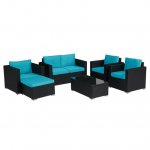 Kinbor 5PCS Outdoor Patio Rattan Wicker Furniture Set Sectional Sofa Couch Cushioned w/ Ottoman, Turquoise