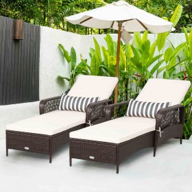Gymax Set of 2 Rattan Patio Lounge Chair Chaise w/ Adjustable Backrest Cushion & Pillow