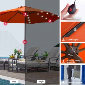 Serwall 11' Outdoor Patio Market Solar Umbrella w/ LED Lights, Orange