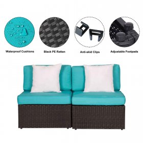 Kinbor 2pcs Outdoor Patio Rattan Wicker Furniture Sectional Sofa Set w/ Blue Cushions