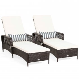Gymax Set of 2 Rattan Patio Lounge Chair Chaise w/ Adjustable Backrest Cushion & Pillow
